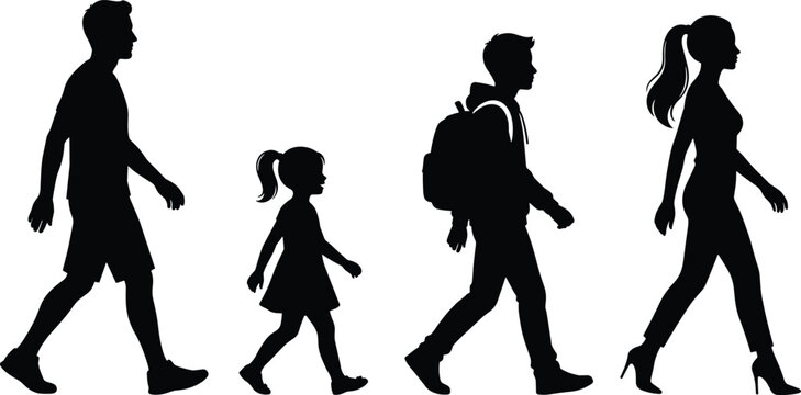 Full body silhouette of family walking side view with father daughter little girl school boy wearing backpack and mother vector,