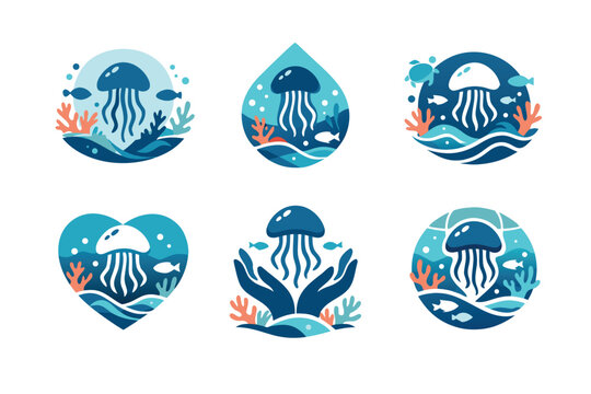 Set of six ocean biodiversity logos featuring jellyfish, coral reefs, and marine life in heart, teardrop, and circle shapes. Flat vector icons for marine conservation and aquatic ecosystem branding.