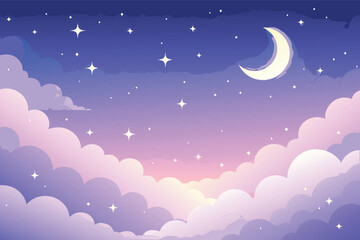 Fototapeta premium Dreamy night sky background with a glowing crescent moon and twinkling stars over soft fluffy clouds in pastel purple and pink colors, simple flat vector illustration for nursery or wallpaper.