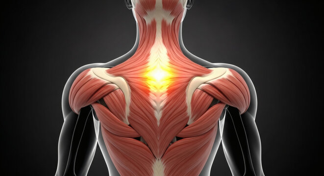 3D illustration of human back muscles showing pain point