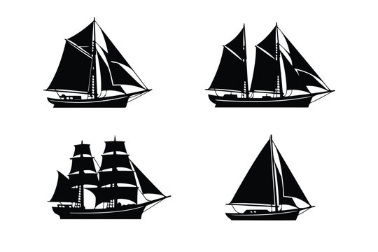 Set of Four Vintage Sailboat Silhouettes, Nautical Maritime Vector Illustrations of Antique Sailing Ships with Various Sail Designs, Classic Yacht and Vessel Icons for Marine Design and Decor.