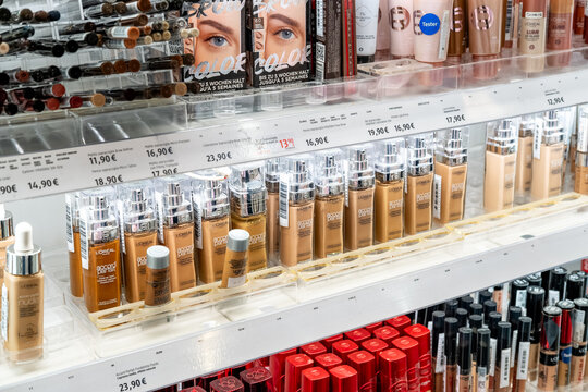 Makeup Foundation Display On Store Shelf With L'Or&eacute;al Bottles And Cosmetic Products For Beauty Shoppers  Milan Italy May 14, 2026