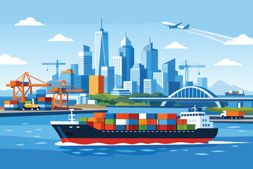 Fototapeta premium Modern global logistics and international trade concept with cargo ship, industrial port cranes, city skyline, airplane, and truck representing transportation, commerce, and urban growth.
