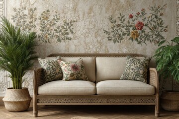 Obraz premium Elegant Cream Sofa With Floral Cushions And Lush Green Plants In Ornate Room