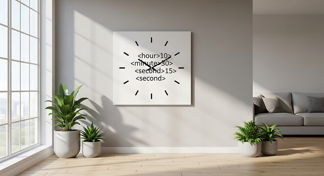 Modern living room interior with a unique clock on the wall and potted plants