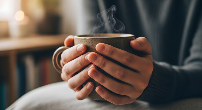 Hands holding a warm ceramic mug with rising steam