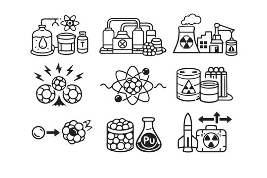 Nuclear power icon set with outline illustrations of tritium production, uranium enrichment, decommissioning plan, atomic fission, radioactive waste storage, plutonium, and nuclear technology.