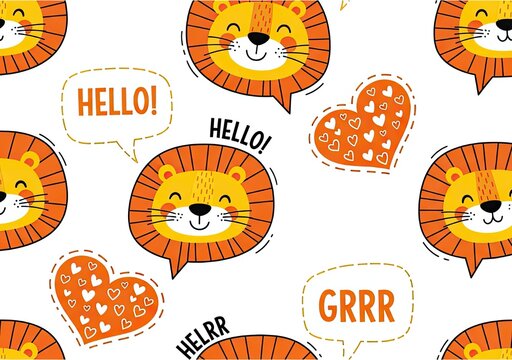 Seamless pattern of cute lion faces with speech bubbles saying Hello and Grrr