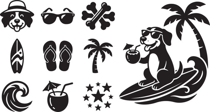 Dog on Surfboard with Summer Icons Around