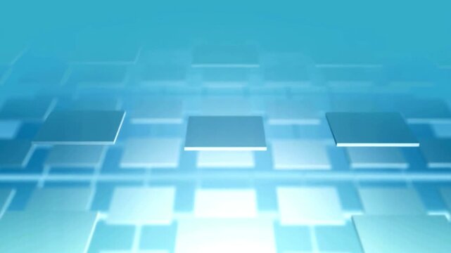 Abstract motion graphic featuring glowing blue square planes floating in digital space creating dynamic futuristic landscape for modern tech concepts.