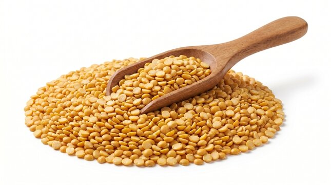 toor dal with wooden scoop isolated on white background for indian pulse protein and food ingredient concept