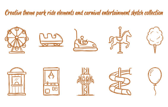 Creative theme park ride elements and carnival entertainment sketch collection
