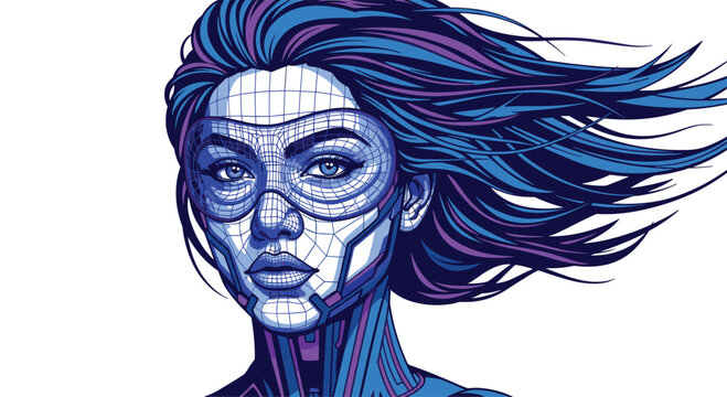 The close-up headshot features a stylized woman with vibrant purple-streaked hair wearing an intricate technical wireframe visor against a plain white background.