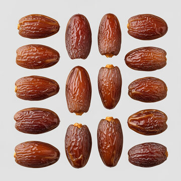 Closeup shot of several fresh ripe and delicious dates on a white surface.