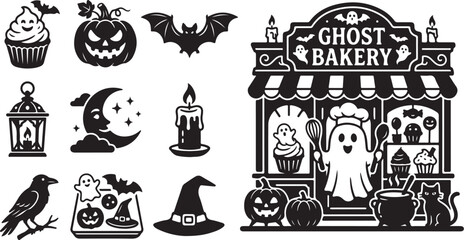 Obraz premium Halloween icons and ghost bakery shop