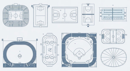 Architectural blueprints of various sports arenas and stadiums. © Bosok