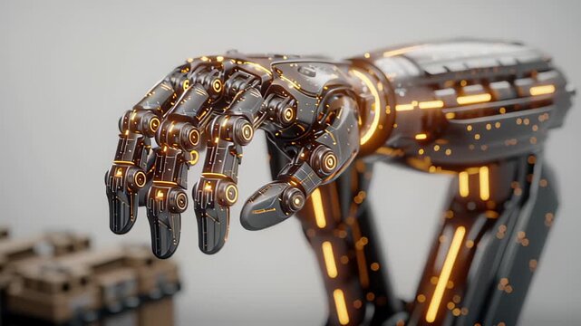Robotic hand demonstrating sleek design with glowing elements. Detailed close-ups reveal craftsmanship and technology. Concept of robotics, automation, engineering