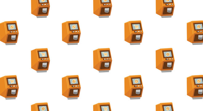 A repeating pattern of orange digital shopping kiosks featuring screen displays with shopping cart icons arranged against a clean solid white studio background surface.