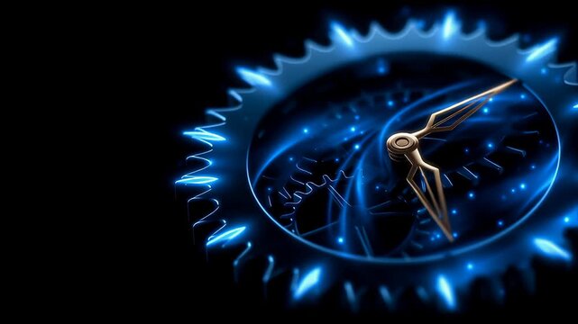 Digital clock showcases blue glowing gears rotating with hands indicating time. Dark background enhances the luminous effect. Concept of technology, innovation, design
