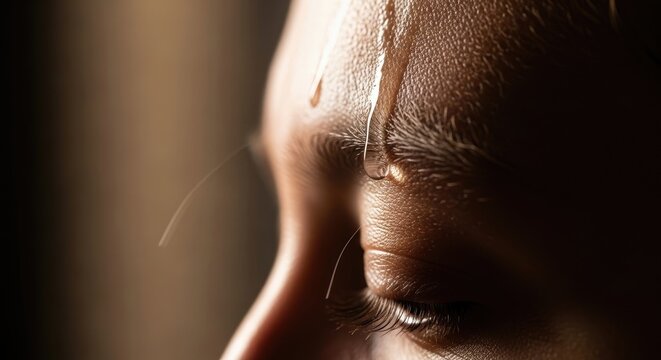 Sweat Dripping Down Forehead Close Up.