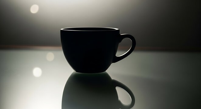Dark silhouette of a coffee cup on a reflective surface with dramatic lighting effects