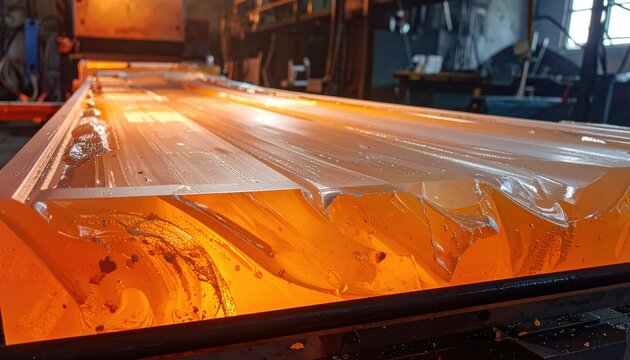 Molten thermoplastic material undergoing industrial heat sealing process on a manufacturing production line, featuring dramatic glowing orange textures and precise polymer bonding for industrial parts