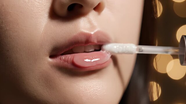 Close Up Of A Woman Applying Gloss To Her Luscious Pink Lips With A Tube In A Slightly Dutch Angle Shot Against A Soft Bokeh Background With Warm Golden Lights And Sparkling Skin Texture