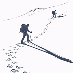Fototapeta premium hikers on snowy mountain trail silhouette illustration