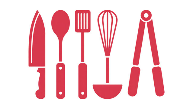 Set of red kitchen utensils including knife, spoon, whisk, grater, and spatula Vector
