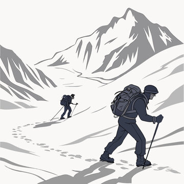 mountain climbers trekking in snowy landscape illustration