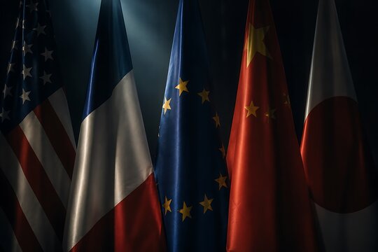 Flags of the United States, France, European Union, China, and Japan displayed together, symbolizing international relations and global cooperation.