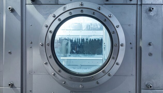 Industrial thick glass porthole window set deep into a reinforced steel door frame. This heavy duty metallic bulkhead view offers a cinematic perspective of a frosted arctic environment outside.