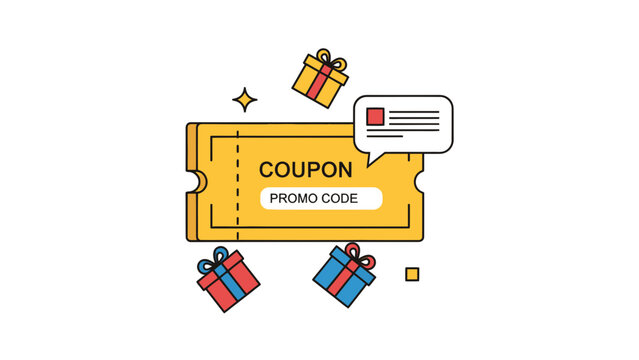 Coupon Ticket with Promo Code Text and Gift Boxes Vector Illustration for Marketing and Advertising