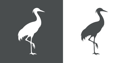 Fototapeta premium Logotipo con el dibujo de la silueta de una grulla de pie con una pata encogida, vista de perfil 