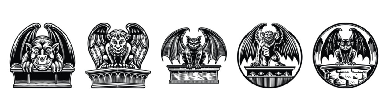 Set of five gargoyle illustrations in detailed black and white style