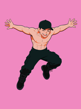 Joyful Athletic Male Character Jumping with Open Arms