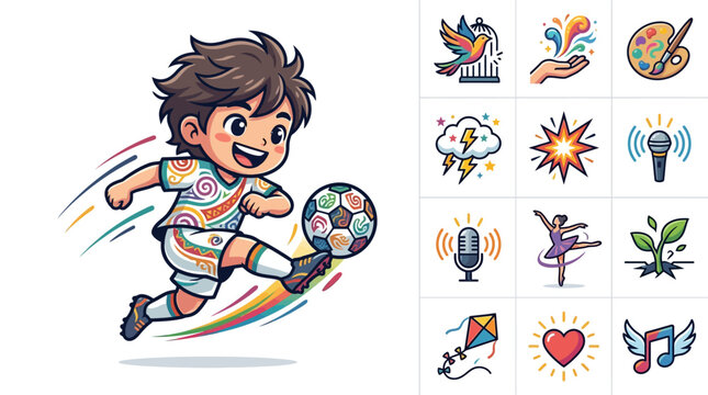 Cartoon chibi boy soccer player in a colorful patterned uniform kicking a football, accompanied by twelve flat vector icons such as a bird, ballerina, microphone, and seedling on white.
