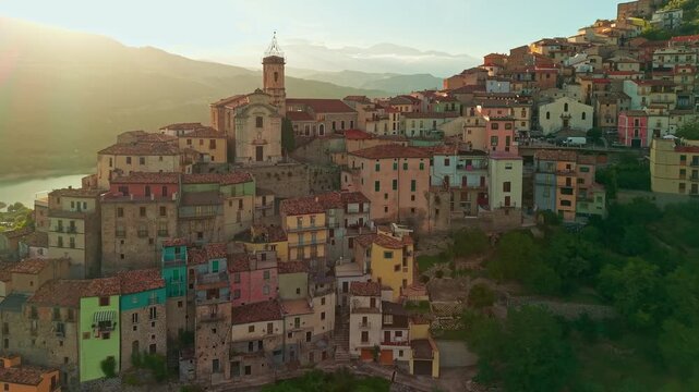 Aerial view of Colledimezzo at sunset overlooking Lake Bomba