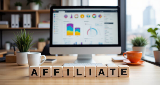 Affiliate revenue tracking sign for partner program education, commission payout pages and creator monetization content explaining promo code income, lead sales and online store partnership