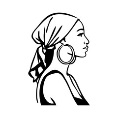 Logotipo boutique de moda. Dibujo de una mujer negra africana con un pañuelo en la cabeza y pendientes de aro en las orejas, vista de perfil © teracreonte
