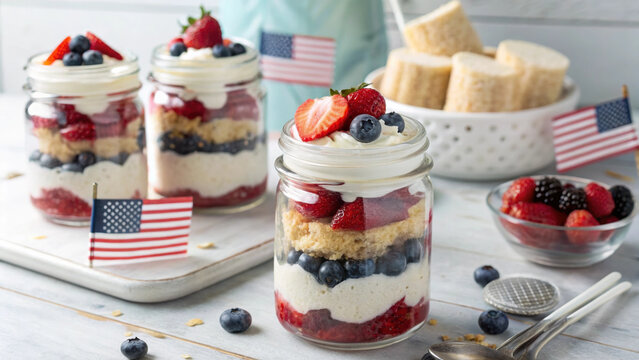 4th july patriotic dessert parfait mason jar berry cream shortcake American flag closeup of layered berry dessert parfait mason jar with whipped