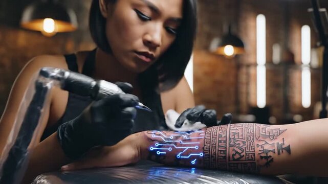 Woman tattoos client arm with futuristic circuit design