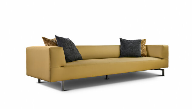 Side perspective view of a modern minimalist leather sofa in mustard yellow.
Contemporary luxury couch isolated on white background, perfect for interior design mockup and catalog.