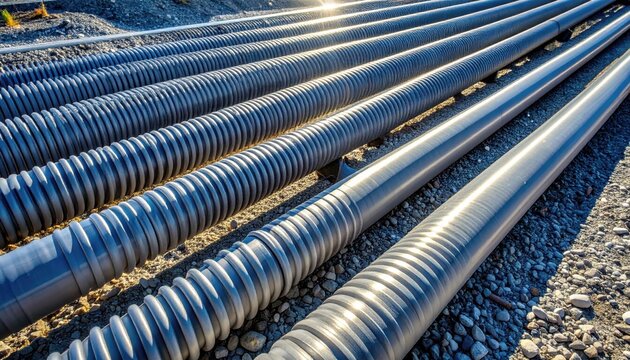 Industrial corrugated plastic drainage pipes arranged in rows on a gravel construction site, displaying structural engineering components for modern infrastructure and water management systems design.