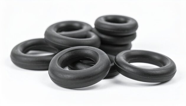 Black synthetic rubber o rings, precision molded gaskets for industrial engineering and sealing solutions, showcased in a clean studio presentation for high quality mechanical hardware components.