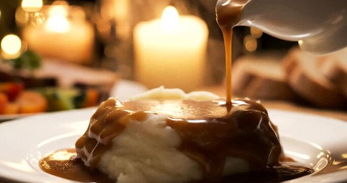 Pouring rich gravy over creamy mashed potatoes at an elegant candlelit dinner