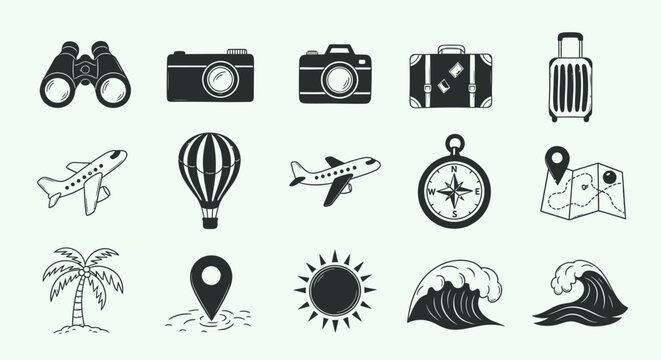 Travel Icons Set: Camera, Suitcase, Airplane, Hot Air Balloon, Sun