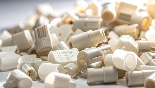 A large collection of small white plastic electrical connector components heaped together in a cinematic landscape, displaying diverse geometric shapes, intricate textures, and industrial utility.