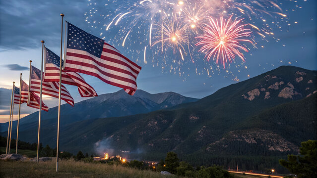 American flag fireworks 4th july mountain evening patriotism celebration national holiday