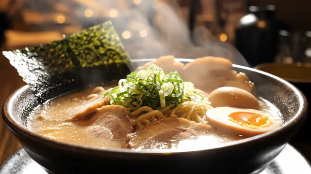 Steaming bowl of Japanese ramen noodle soup featuring slices of chashu pork, a soft-boiled egg, nori seaweed, and chopped scallions in a ceramic bowl inside a dimly lit restaurant.